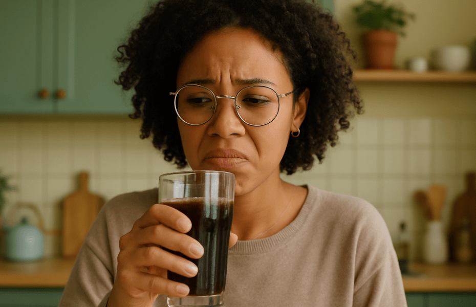 femme buvant un verre de Coca-Cola ayant mauvais goût