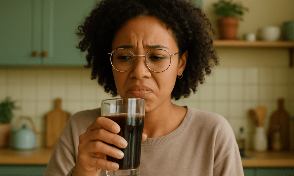 femme buvant un verre de Coca-Cola ayant mauvais goût