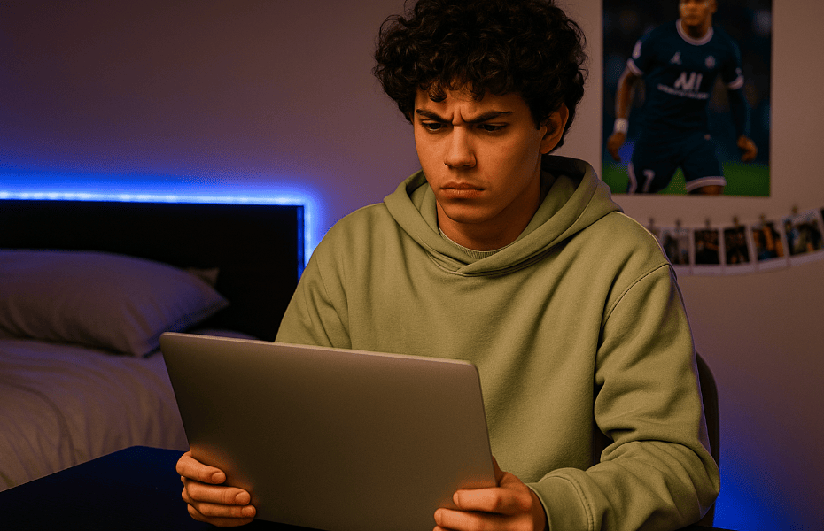 adolescent dans sa chambre, qui vient de recevoir un ordinateur portable Coolblue qui ne fonctionne pas