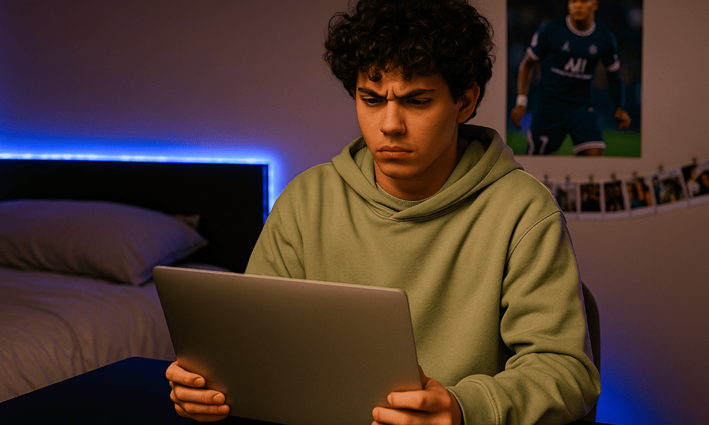 adolescent dans sa chambre, qui vient de recevoir un ordinateur portable Coolblue qui ne fonctionne pas 