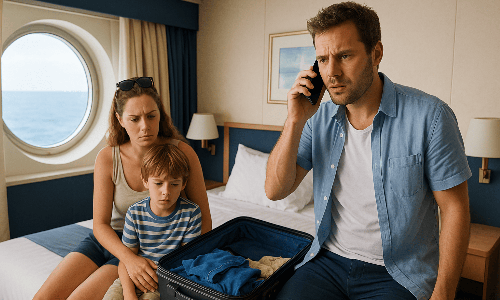 une famille dans une cabine d'un bateau Costa Croisières, avec le père faisant une réclamation au téléphone