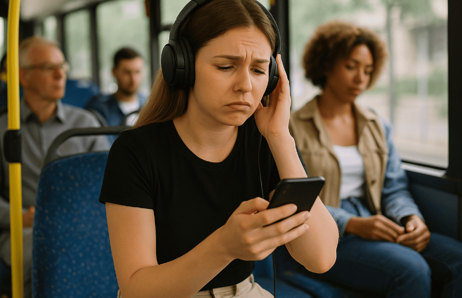 femme assise dans le bus avec un casque audio, rencontrant des problèmes avec Deezer