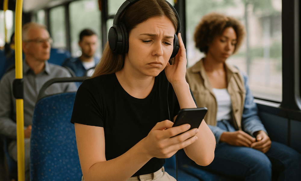 femme assise dans le bus avec un casque audio, rencontrant des problèmes avec Deezer