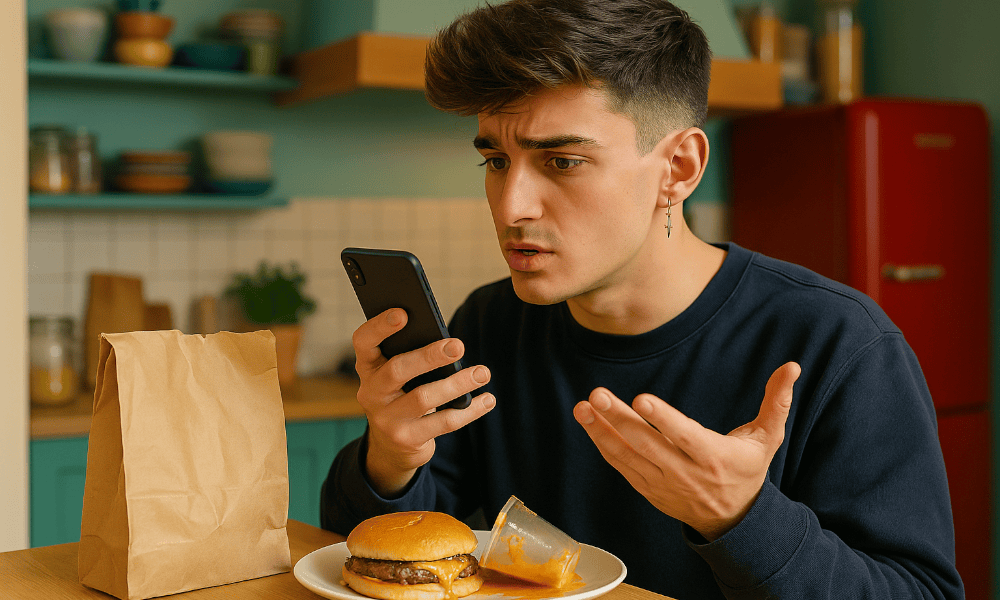 jeune homme en train de faire une réclamation à Deliveroo par téléphone
