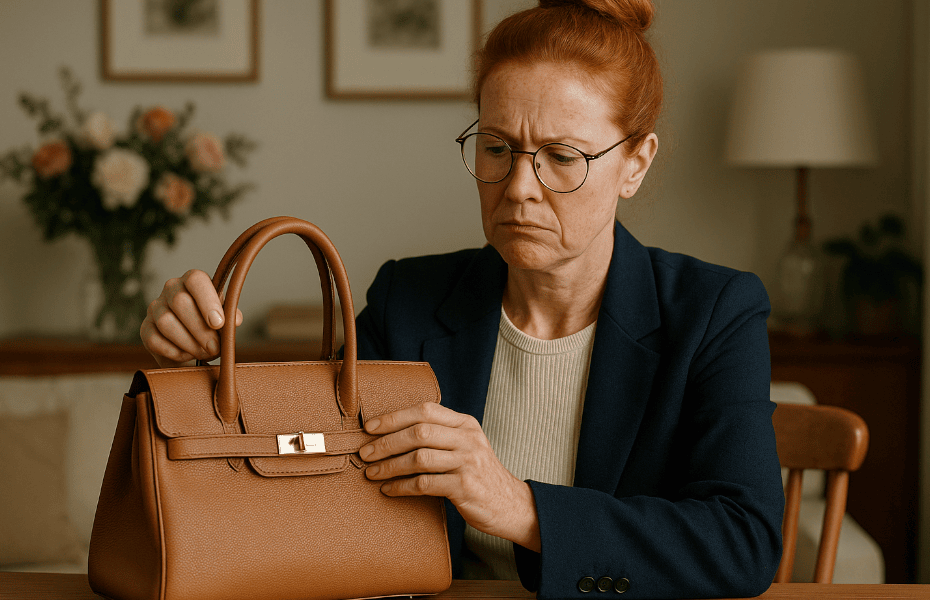 femme venant de recevoir un sac à main Delvaux qui ne lui convient pas
