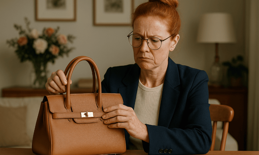 femme venant de recevoir un sac à main Delvaux qui ne lui convient pas
