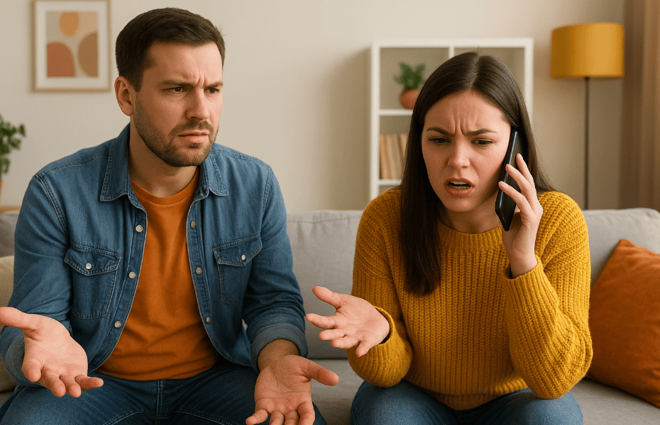couple sur un canapé, la femme est au téléphone avec Devos & Lemmens