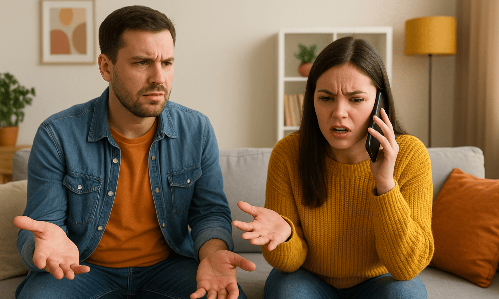 couple sur un canapé, la femme est au téléphone avec Devos & Lemmens