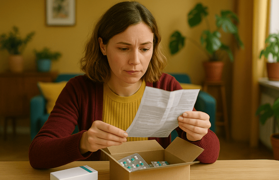 femme relisant la notice d'un médicament commandé sur Farmaline