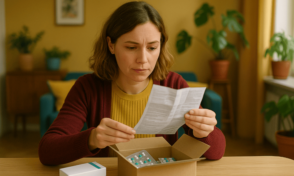 femme relisant la notice d'un médicament commandé sur Farmaline