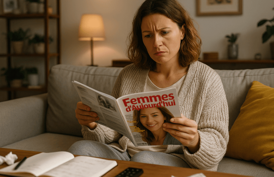 femme lisant un numéro du magazine Femmes d'Aujourd'hui avec un air perplexe