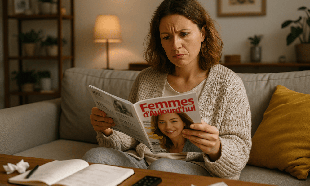 femme lisant un numéro du magazine Femmes d'Aujourd'hui avec un air perplexe