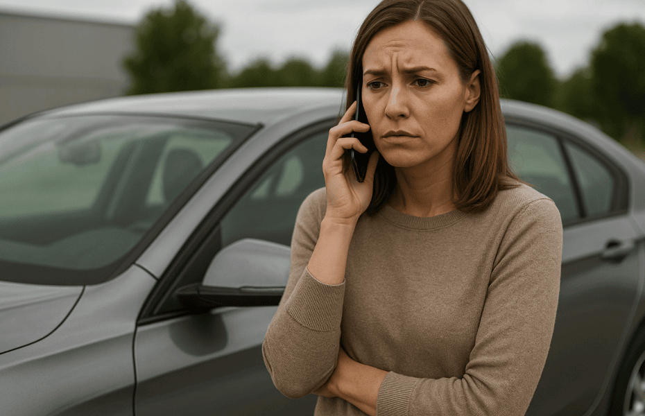 voiture derrière une femme au téléphone avec Ford pour porter réclamation