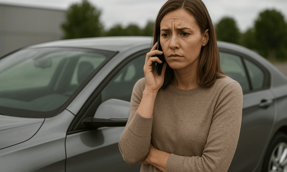 voiture derrière une femme au téléphone avec Ford pour porter réclamation