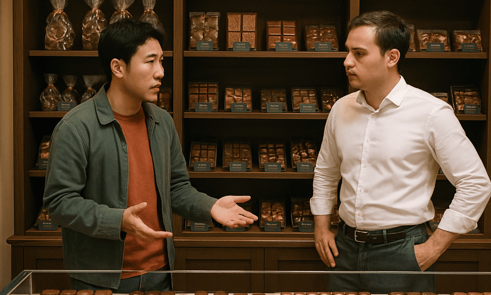 un client faisant une réclamation à un vendeur dans une chocolaterie Galler