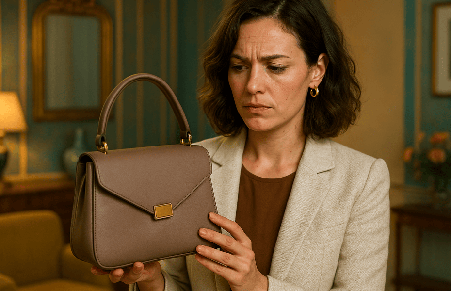 femme constatant un défaut sur son sac à main Gucci