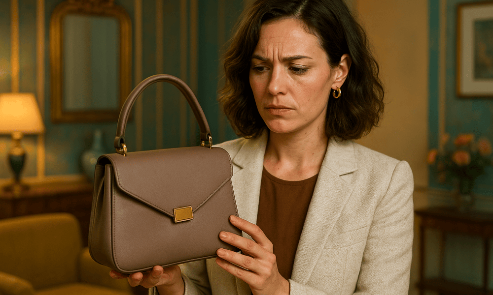 femme constatant un défaut sur son sac à main Gucci