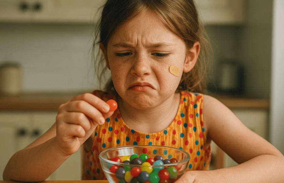 petite fille mangeant des bonbons Haribo ayant un mauvais goût