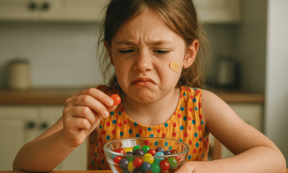 petite fille mangeant des bonbons Haribo ayant un mauvais goût
