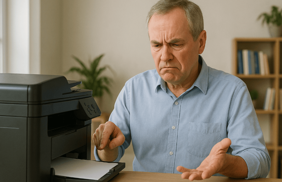 homme qui essaye d'utiliser une imprimante HP qui ne fonctionne pas correctement