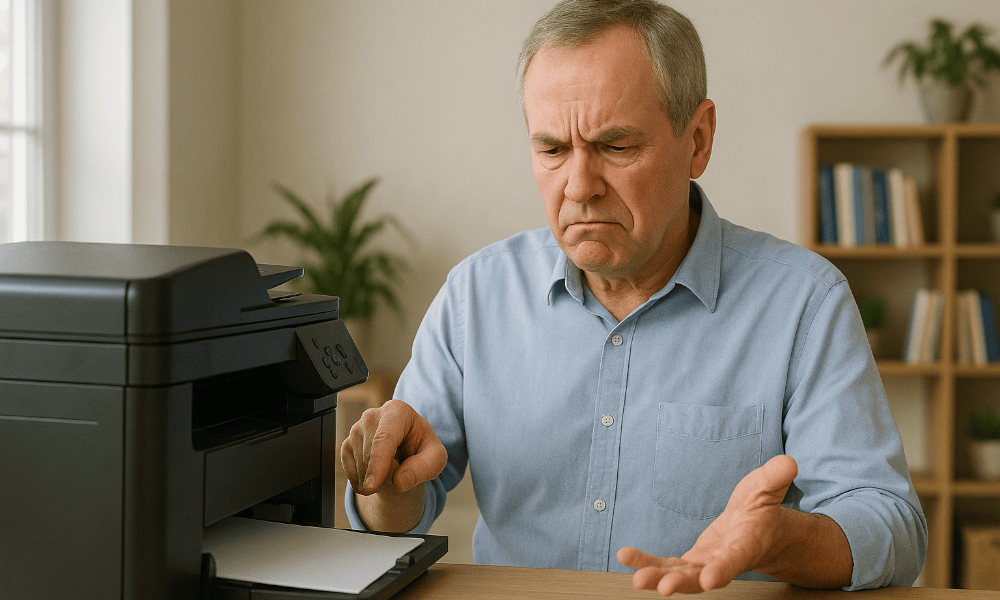 homme qui essaye d'utiliser une imprimante HP qui ne fonctionne pas correctement