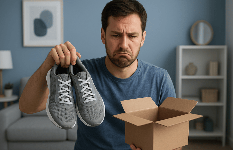 homme déçu par une paire de baskets grises achetée chez Intersport