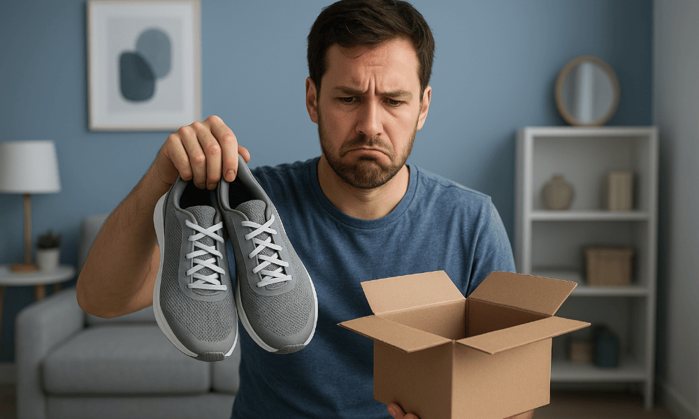 homme déçu par une paire de baskets grises achetée chez Intersport