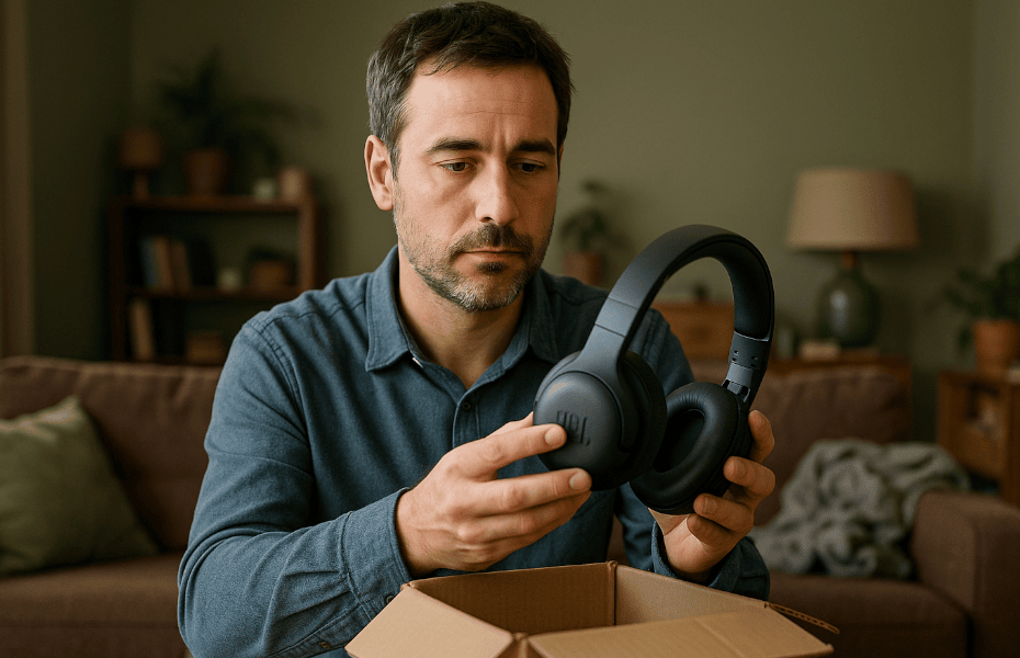 homme ouvrant un colis contenant un casque JBL noir