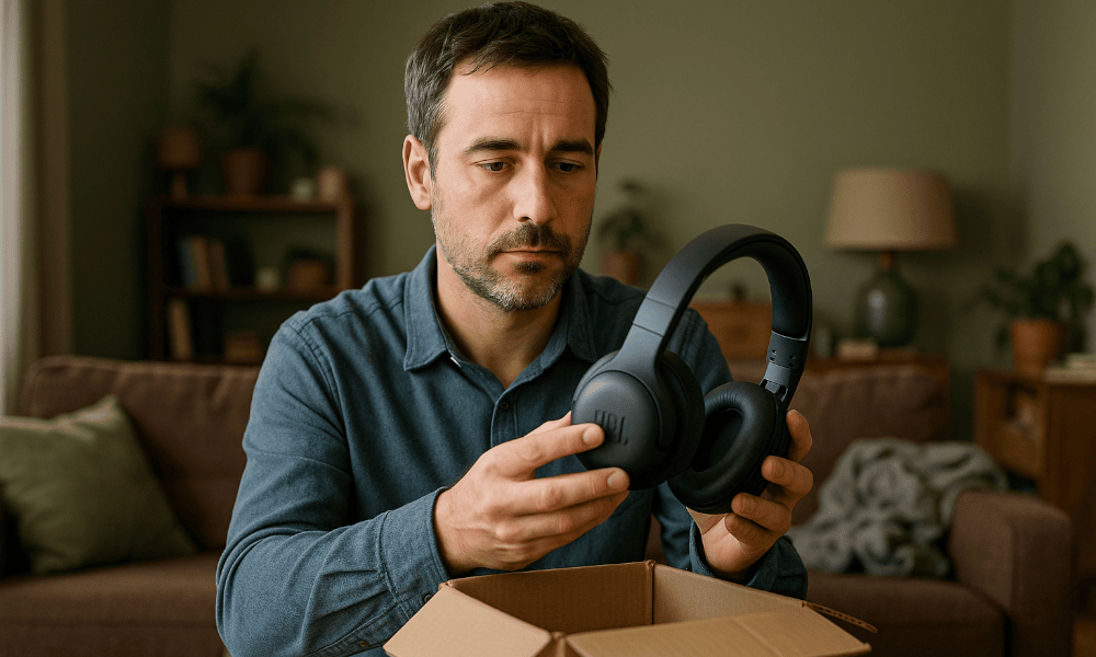 homme ouvrant un colis contenant un casque JBL noir