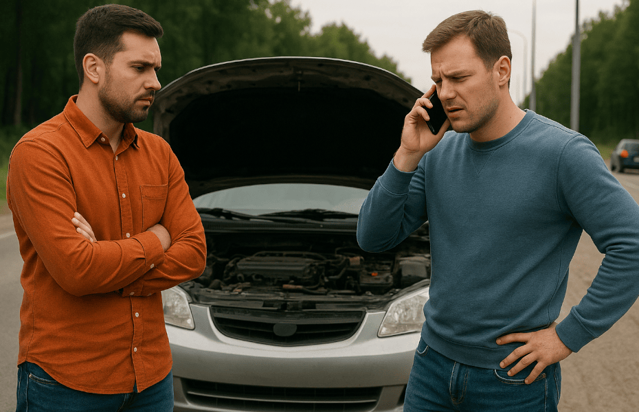 deux hommes devant une voiture en panne sur la route, au téléphone avec Lancia