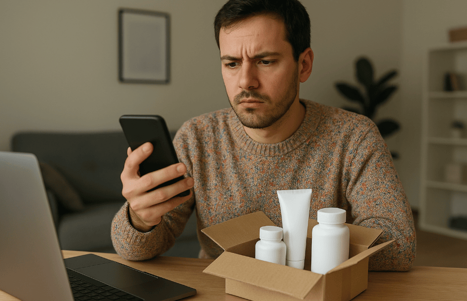 homme faisant une réclamation suite à une commande incorrecte chez Medi-Market