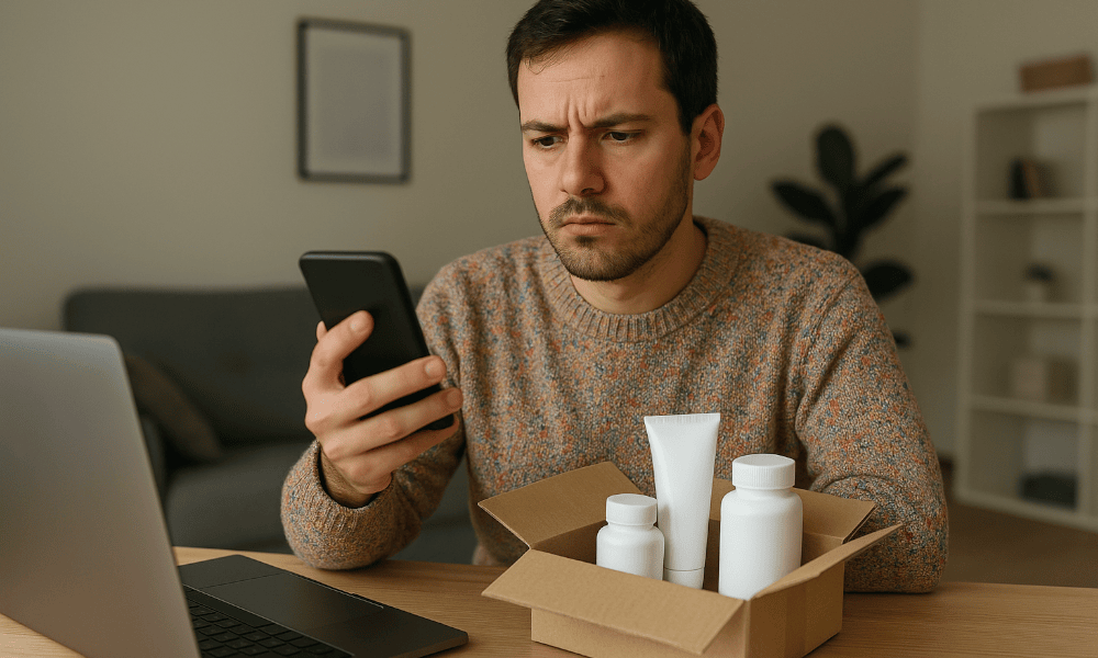 homme faisant une réclamation suite à une commande incorrecte chez Medi-Market