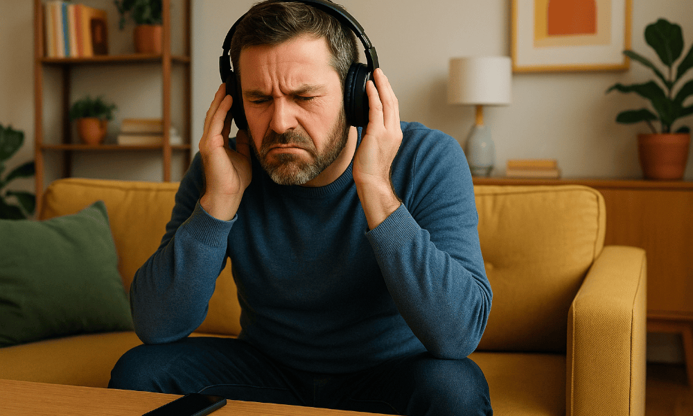 homme essayant d'écouter Musiq3 avec son smartphone et un casque mais rencontrant des soucis techniques