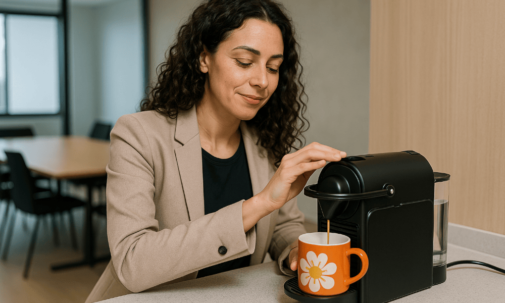 femme en train de se servir un café avec une machine Nespresso