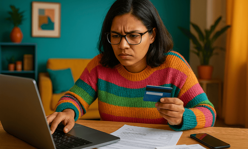 femme faisant une réclamation sur le site d'Oney, avec une carte bancaire à la main