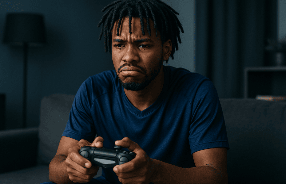 homme avec une manette à la main, rencontrant des problèmes avec sa PlayStation