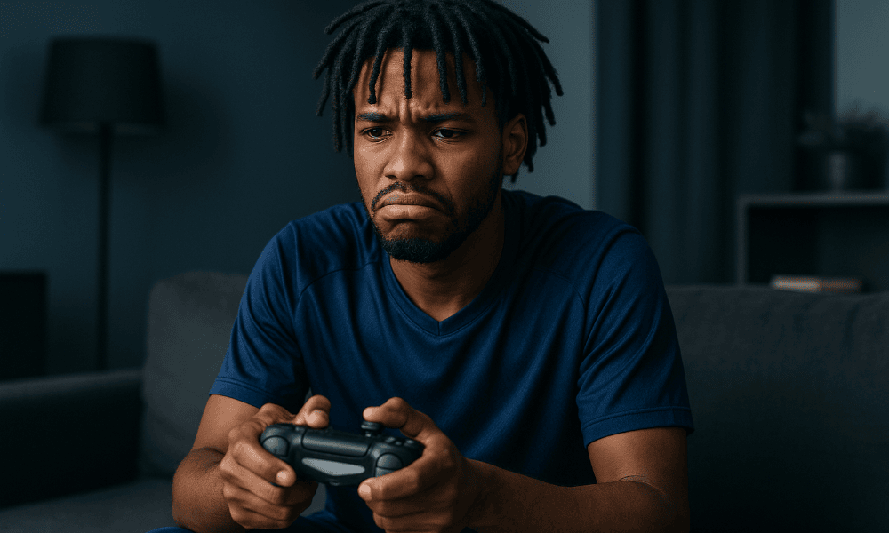 homme avec une manette à la main, rencontrant des problèmes avec sa PlayStation