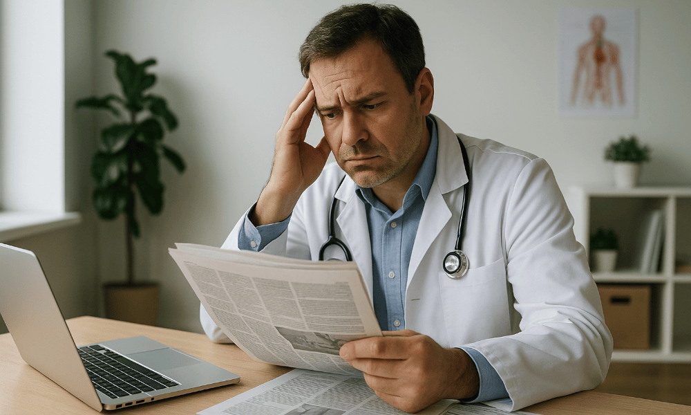 docteur en train de lire un numéro du Quotidien du Médecin avec un air perplexe