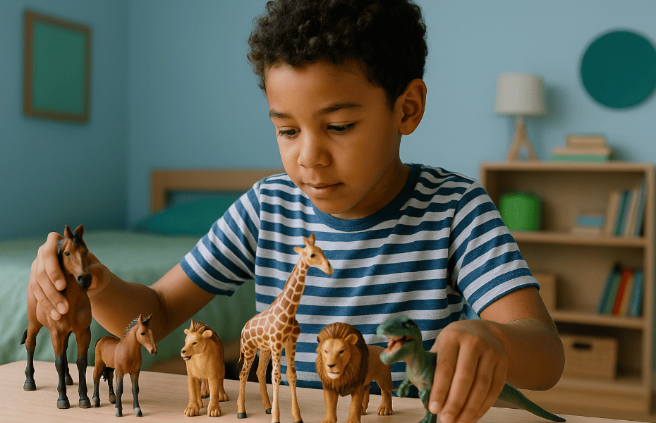 petit garçon en train de jouer avec des figurines d'animaux Schleich