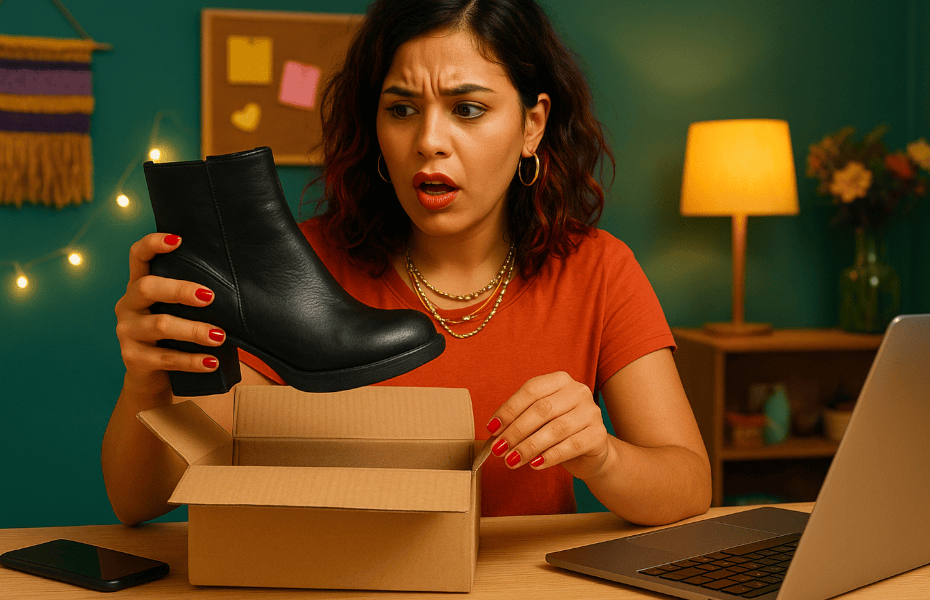 femme surprise d'une paire de bottines achetée sur Shein