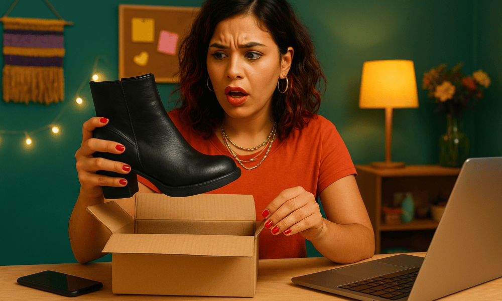 femme surprise d'une paire de bottines achetée sur Shein