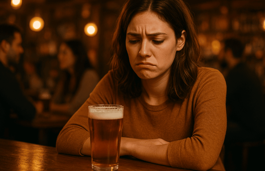 femme dans un bar, ayant l'air déçu de sa bière Stella Artois