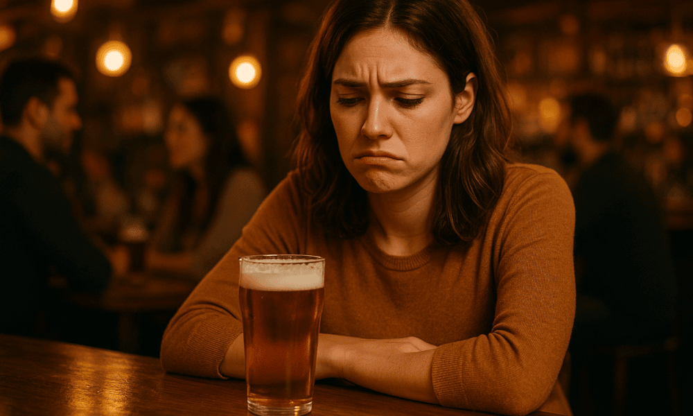 femme dans un bar, ayant l'air déçu de sa bière Stella Artois