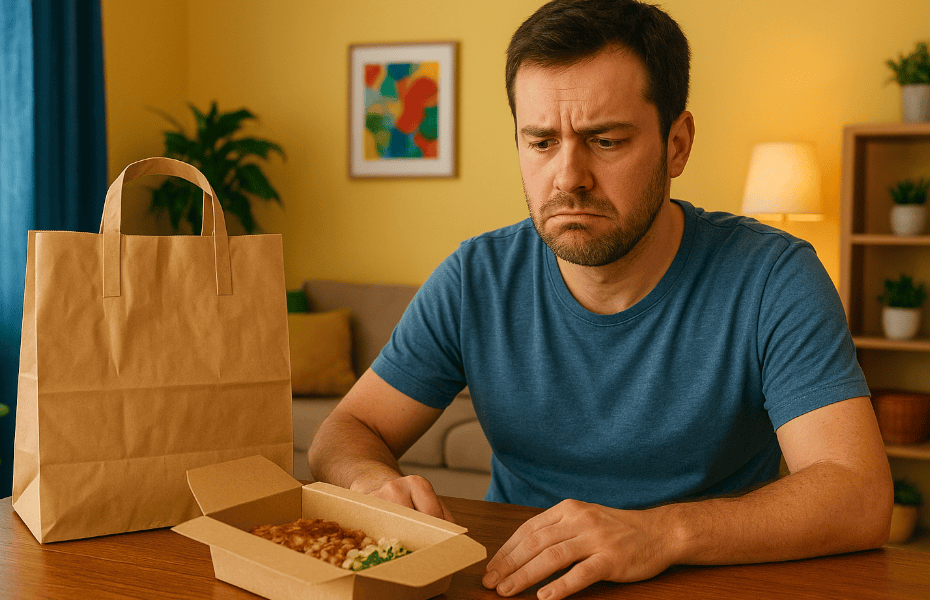 homme déçu par un plat commandé et livré par Uber Eats