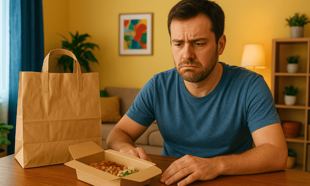 homme déçu par un plat commandé et livré par Uber Eats
