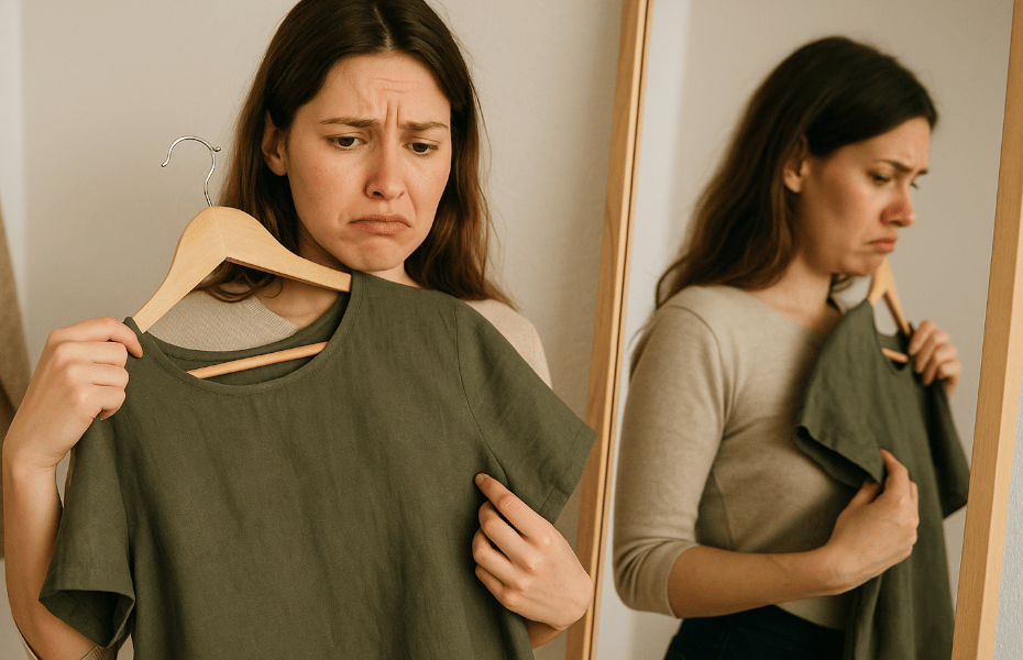 femme devant un miroir, déçue par un haut acheté chez Valérie Berckmans