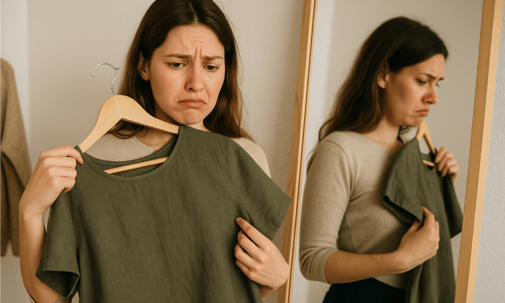 femme devant un miroir, déçue par un haut acheté chez Valérie Berckmans