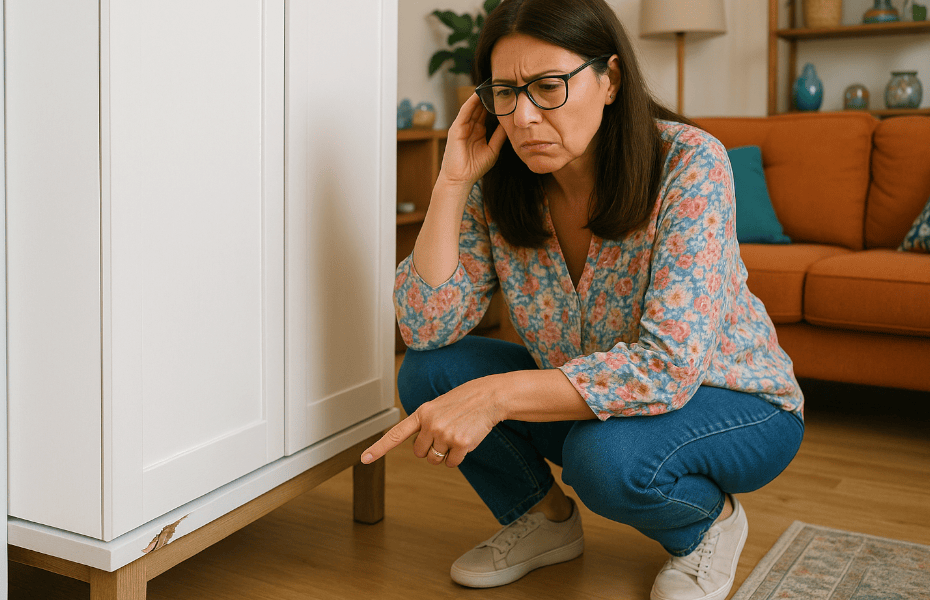 femme constatant un défaut sur une armoire, s'apprêtant à faire jouer la garantie de conformité