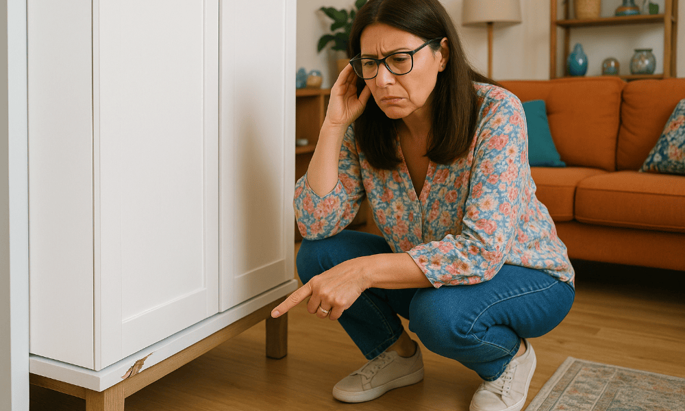 femme constatant un défaut sur une armoire, s'apprêtant à faire jouer la garantie de conformité