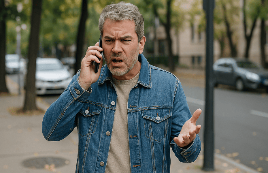 homme dans la rue faisant une réclamation au SAV Abarth au téléphone